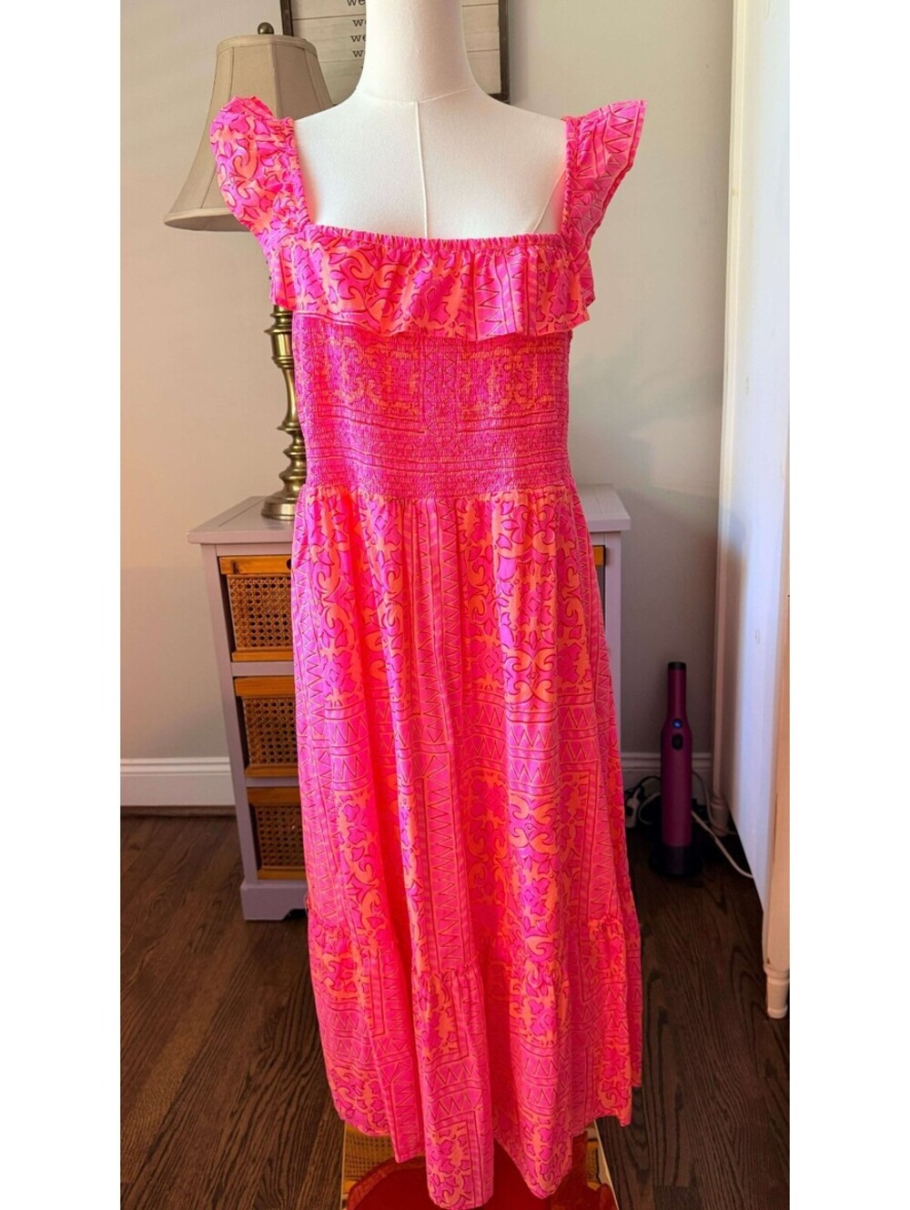 Vineyard Vines Womens Large Smocked Midi Dress Neon Tortola Pink Orange Neon EUC